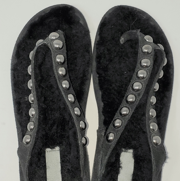 Rare studded Genuine black Sheepskin Shearling toe thong sandals size 9 - Picture 4 of 9